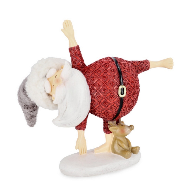 Babbo Natale che fa yoga con vestito rosso e renna, decorazione natalizia da appoggio in poliresina